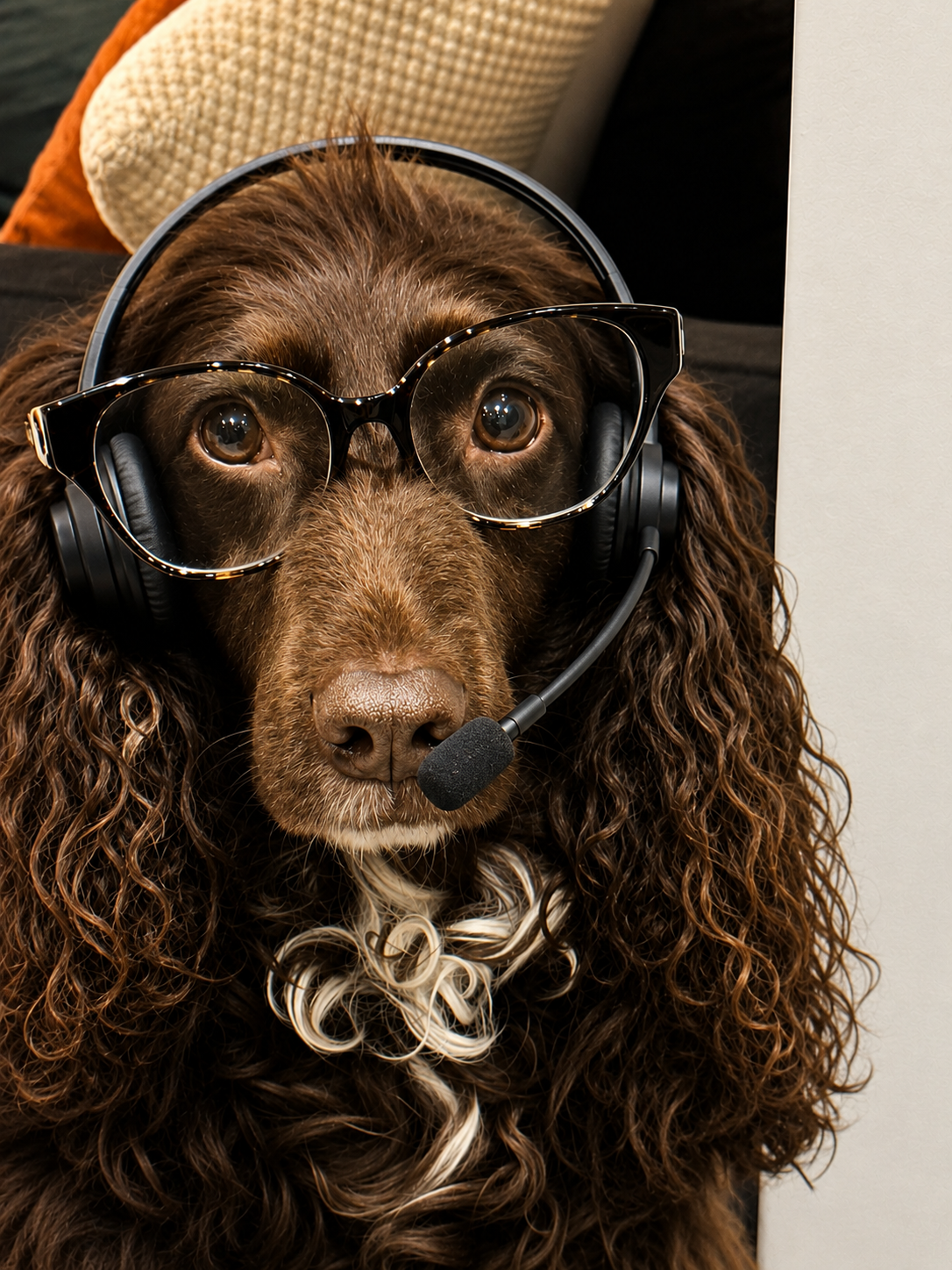Bee, the Newbank Surveyors office dog, wearing a telephone headset