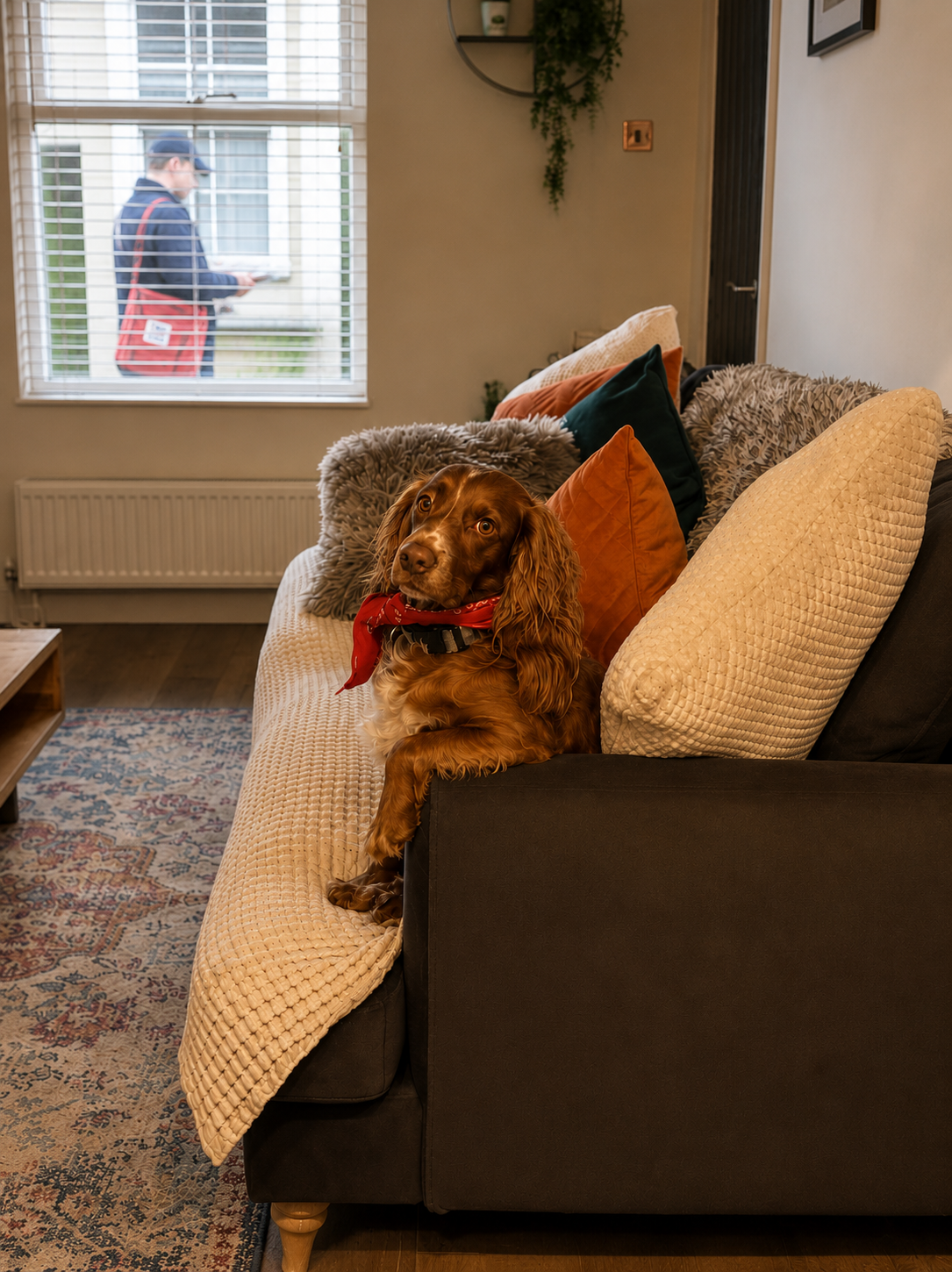 Ted, the Newbank Surveyors office dog, dressed as a postman